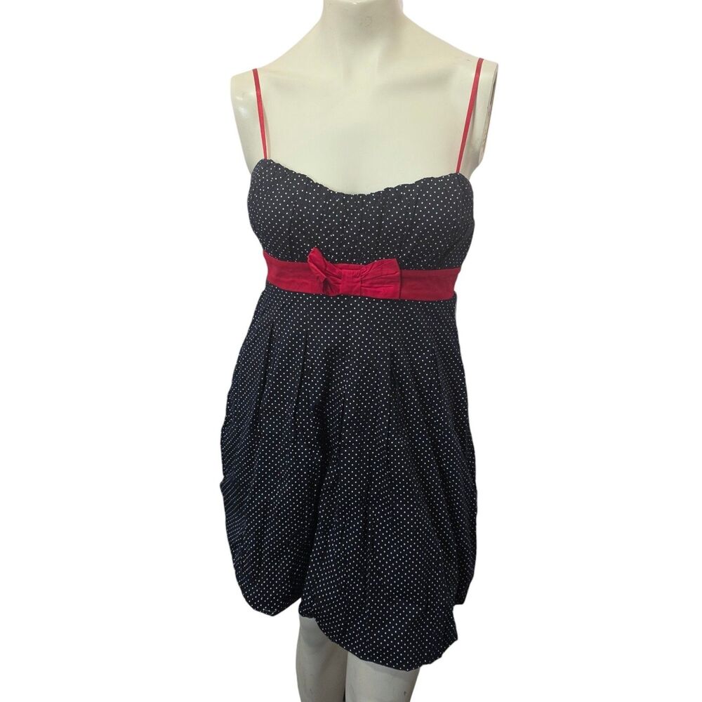 Ruby Rox Polka Dot Bubble Hem Dress Black‎ Red Bow Empire Waist Small